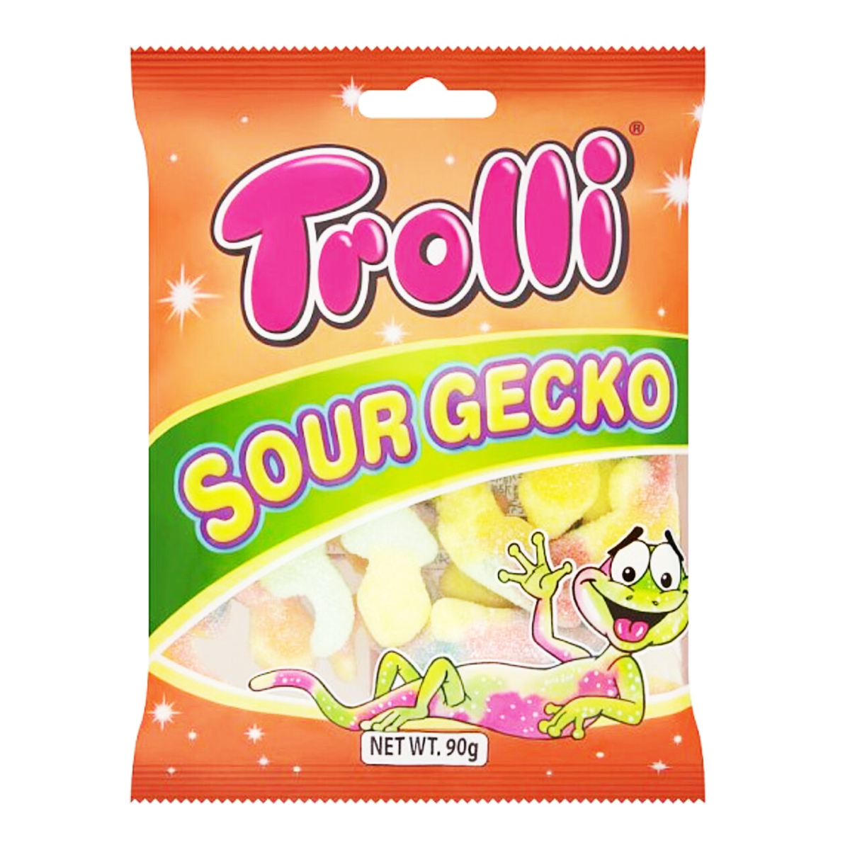 Colorful Trolli Sour Gecko gummy candies in bright green and yellow, showcasing their chewy, fun confectionery snack appearance.