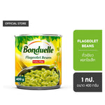 Canned Bonduelle Flageolet Beans in 400g can, dry grocery product, showing the label and beans inside the can.