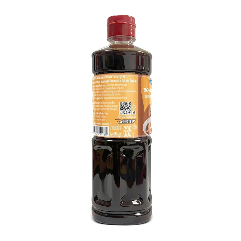 ARO X Sukishi Korean Style Marinade Sauce 635g in a bottle, showcasing vibrant label and sauce texture, suitable for dry grocery.
