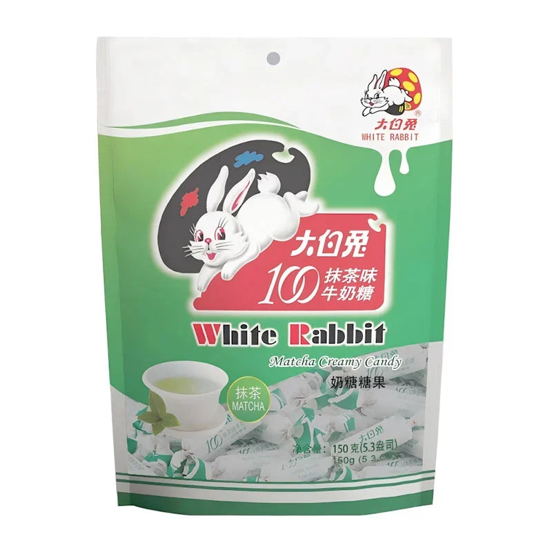 White Rabbit Soft Candy Matcha in 150g package, creamy white rabbit design, colorful packaging, snack confectionery from White Rabbit.