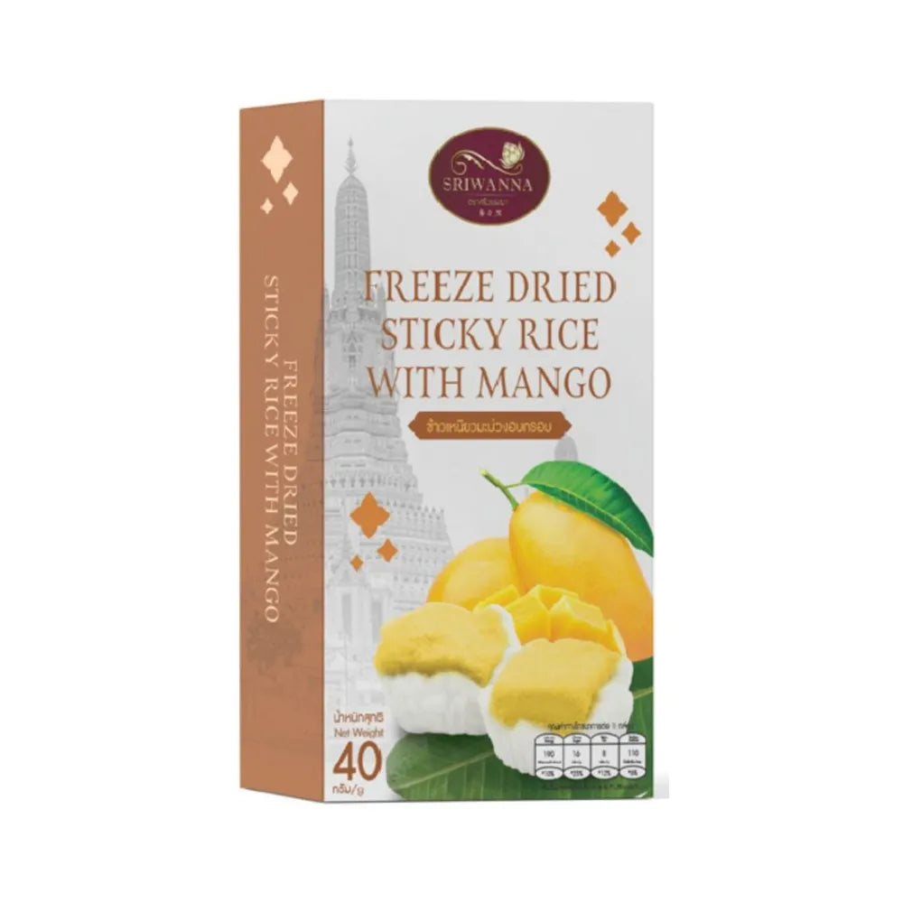 Sriwanna Freeze Dried Sticky Rice with Mango in 40g package, showing dried rice and mango pieces, for dry grocery.