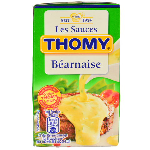 Thomy Bearnaise sauce in a bottle, ideal for grilling and dipping, showcasing the creamy, yellow sauce with a smooth texture.