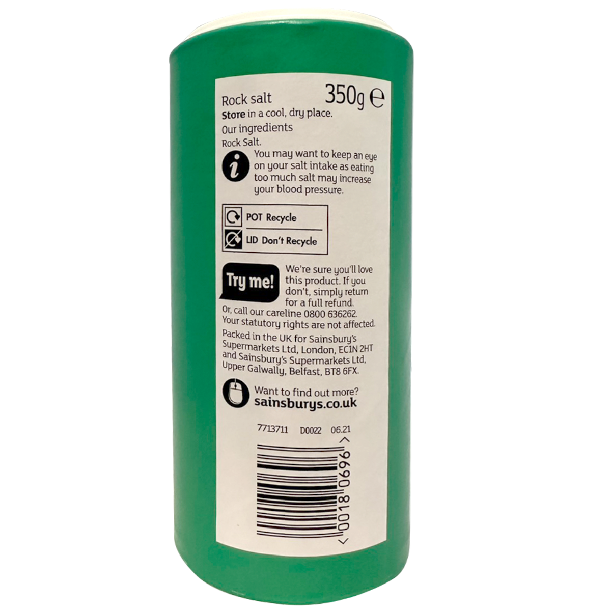 Sainsbury's rock salt in a clear container, showcasing large white salt crystals used for cooking and seasoning.