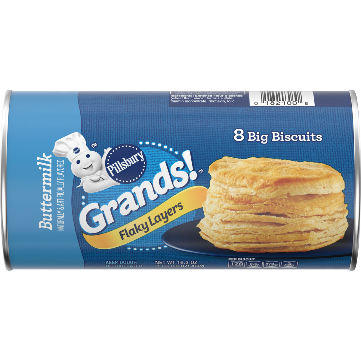 Pillsbury Grand Buttermilk Biscuit pack with freshly baked biscuits ready to eat, showcasing soft, flaky texture.