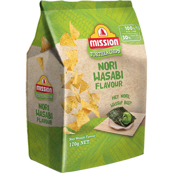 Mission Nori Wasabi confectionery snacks featuring crispy nori sheets with spicy wasabi flavor, in a colorful snack package.