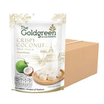 Crispy coconut milk snack in 25g package by THE GOLDGREEN, featuring golden-brown coconut treats and a crunchy texture.