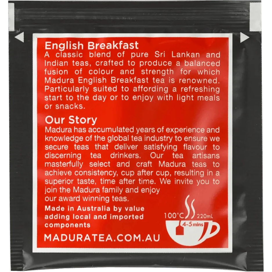 Madura English Breakfast tea bags in a box, showcasing the tea packaging and branding for a classic breakfast drink.