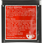 Madura English Breakfast tea bags in a box, showcasing the tea packaging and branding for a classic breakfast drink.