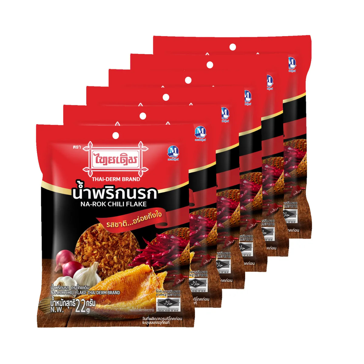 Thaiderm Narok Chili Flake 22g x6, dried chili flakes in clear packaging, for spice and flavor in cooking
