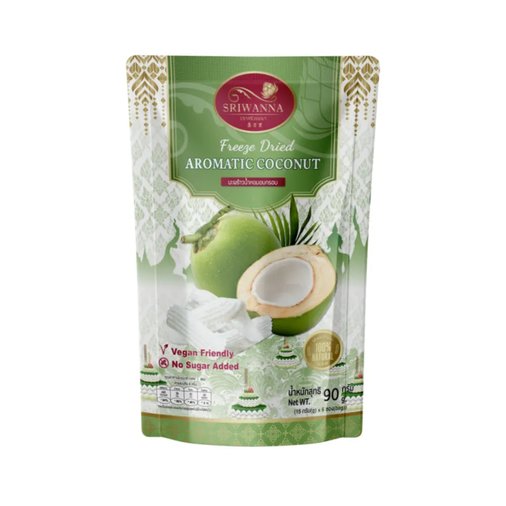 Sriwanna Freeze Dried Aromatic Coconut in 90g package, dry grocery product with crispy, aromatic coconut pieces.