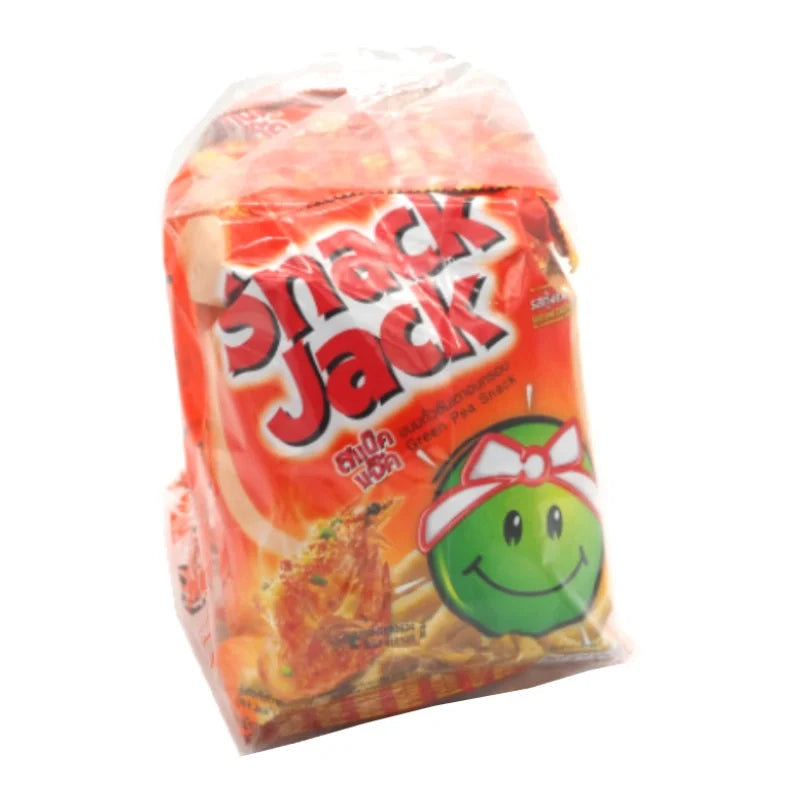 SNACKJACK Green Pea Snack Salt Chilli Prawn 62g pack, crispy crunchy snack in a colorful bag, ideal for snacking or sharing.