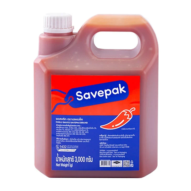 Savepak Chilli Sauce 3kg bottle, a dry grocery item with bright red chili sauce visible in a clear plastic bottle.