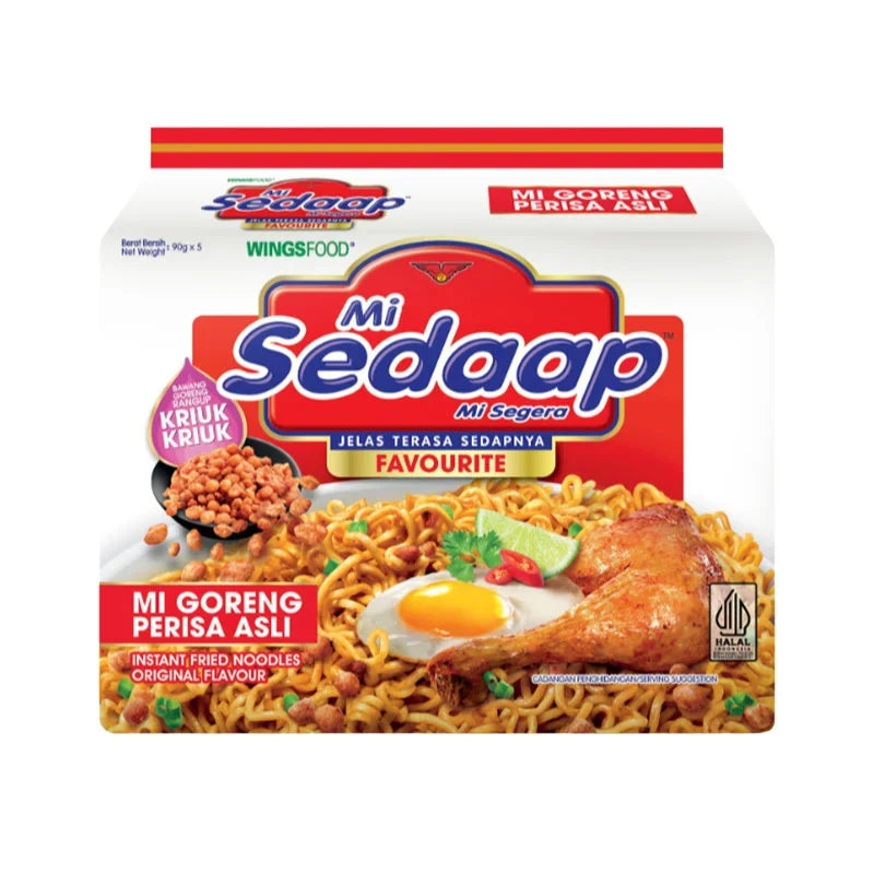 Package of MI Sedaap Fried Noodle 90g, dry grocery, showing five packs of MI SEDAAP fried instant noodles.