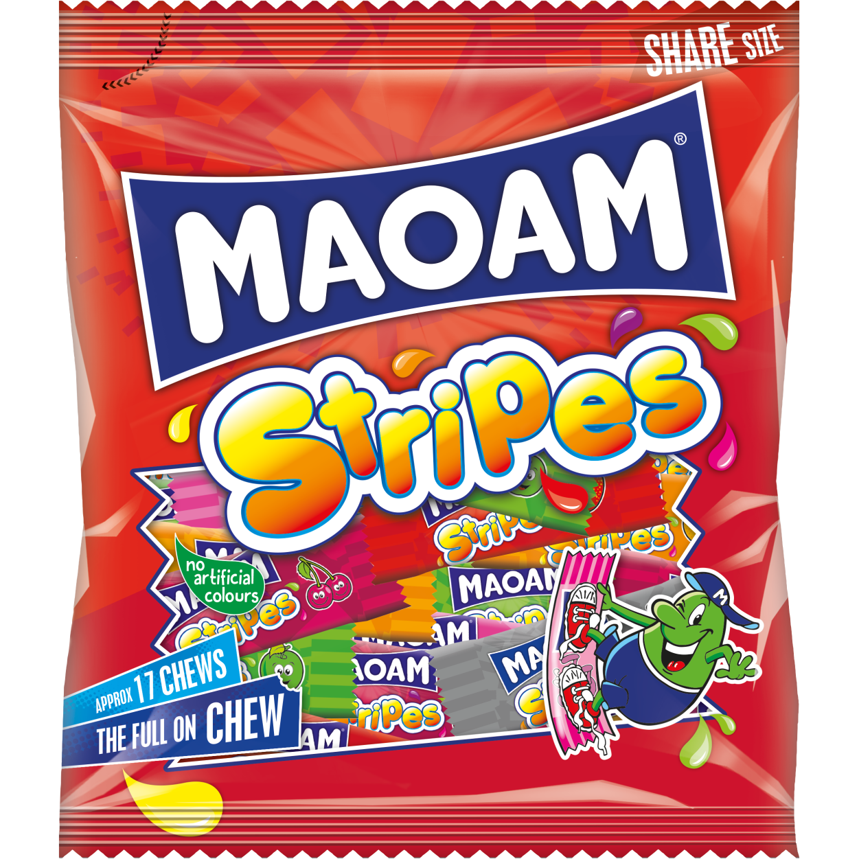 Colorful Maoam Stripes confectionery snacks featuring chewy, fruit-flavored candy sticks in vibrant rainbow colors.