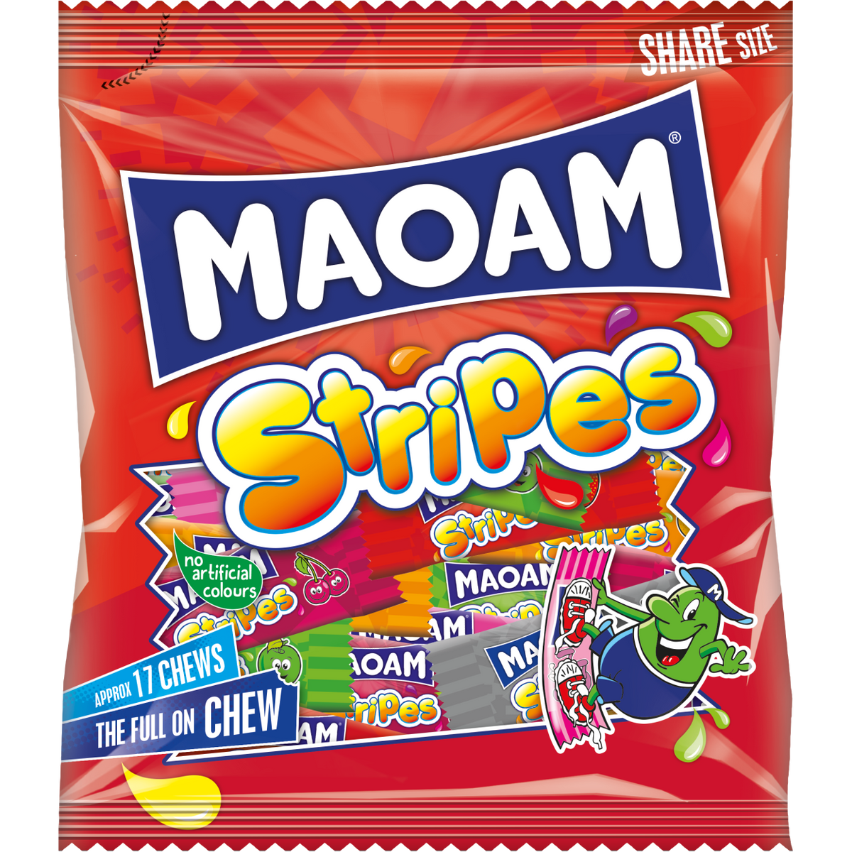 Colorful Maoam Stripes confectionery snacks featuring chewy, fruit-flavored candy sticks in vibrant rainbow colors.