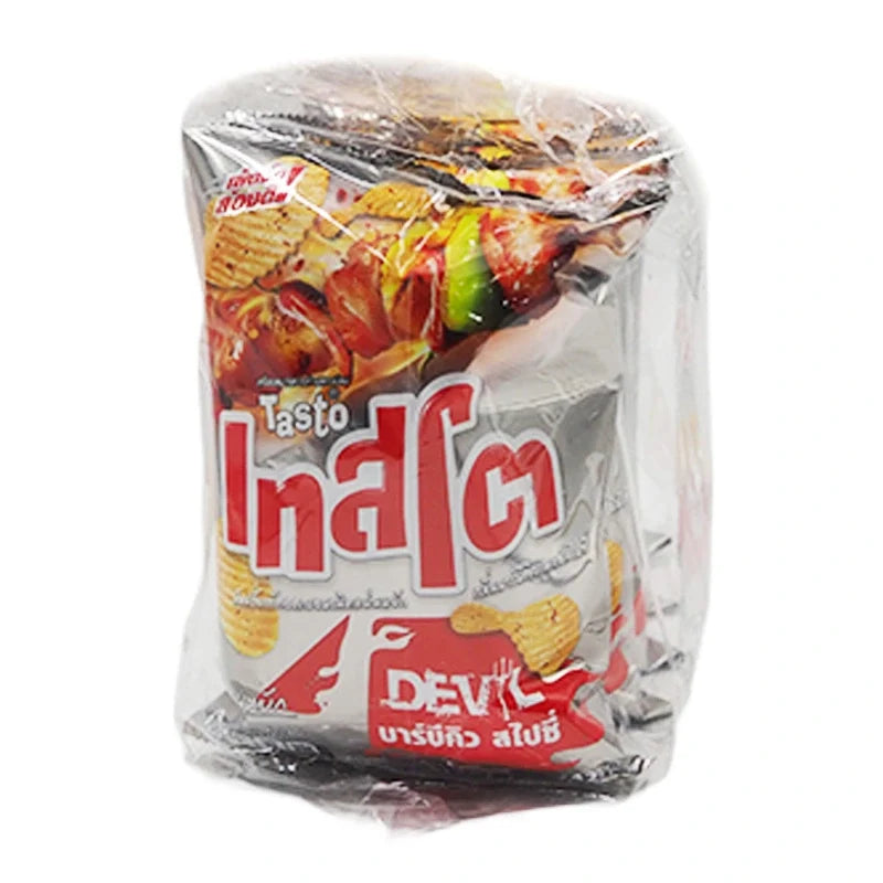 Tasto Devil Potato Rock Chips Max Spicy 42g pack, spicy snack with crunchy potato chips, shown in a colorful bag.