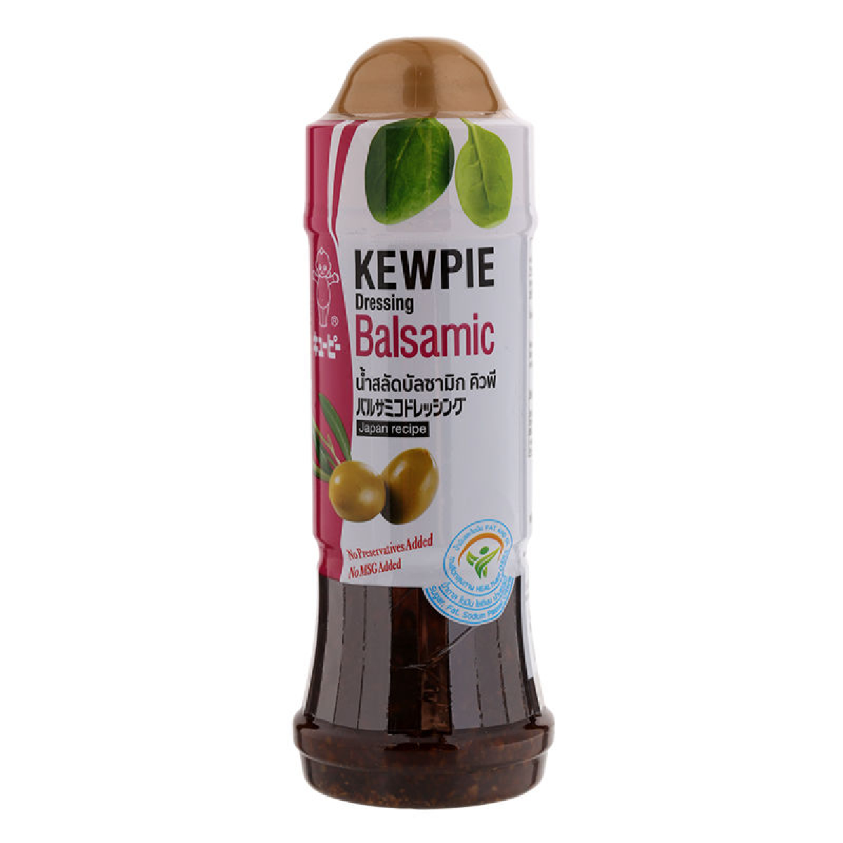 Kewpie Balsamic Dressing bottle with label, used for salads and dishes, on a white background.