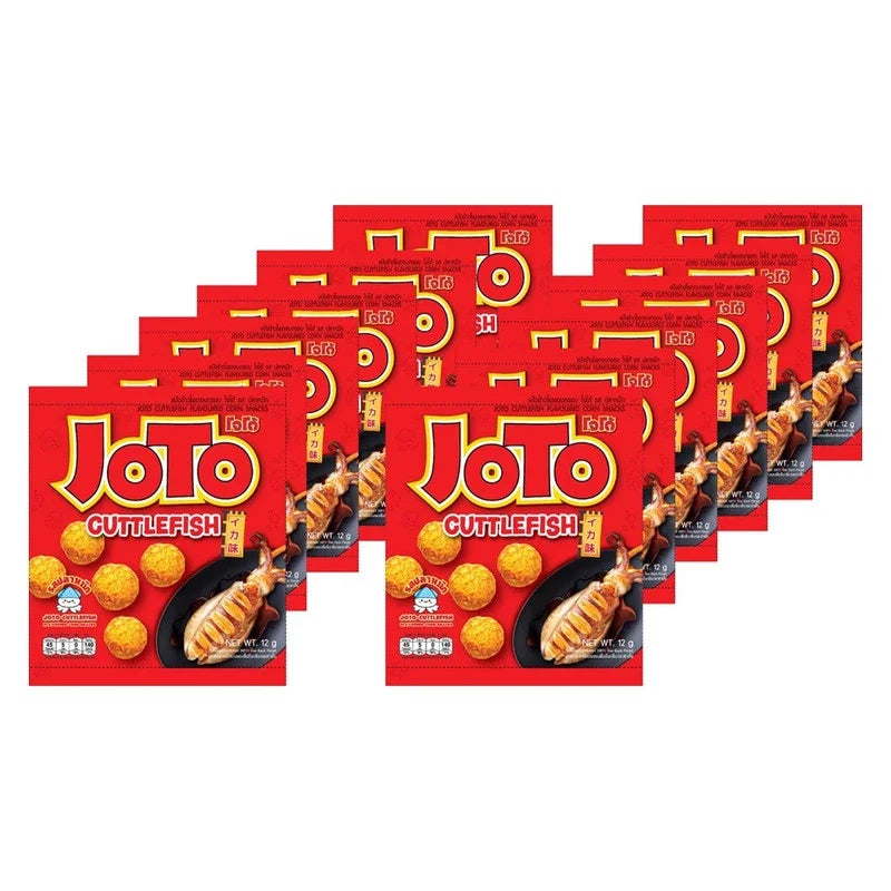 JOTO Crispy Corn Squid snack packaging, 12g x12, dry grocery snack with crunchy, golden squid snack pieces.