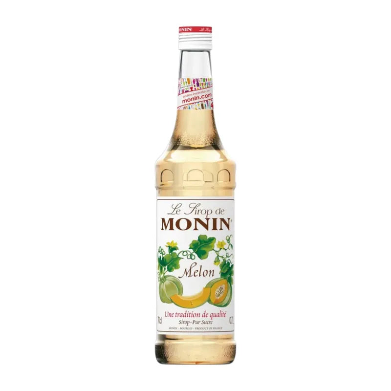 Bottle of MONIN Melon Syrup 700ml for flavoring drinks and desserts, with a green and white label featuring the MONIN logo.