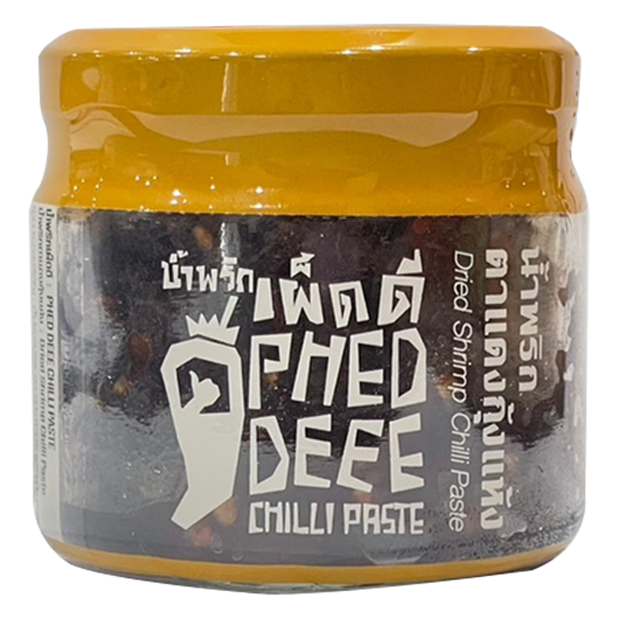 Pheddee Dried Shrimp Chili Paste in jar, vibrant red chili and shrimp ingredients visible, traditional Thai grocery condiment.