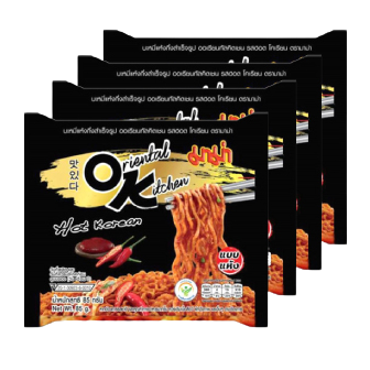 Mama Instant Noodles Oriental Kitchen Hot Korean flavor in a grocery package, featuring spicy noodles with seasoning and ingredients.