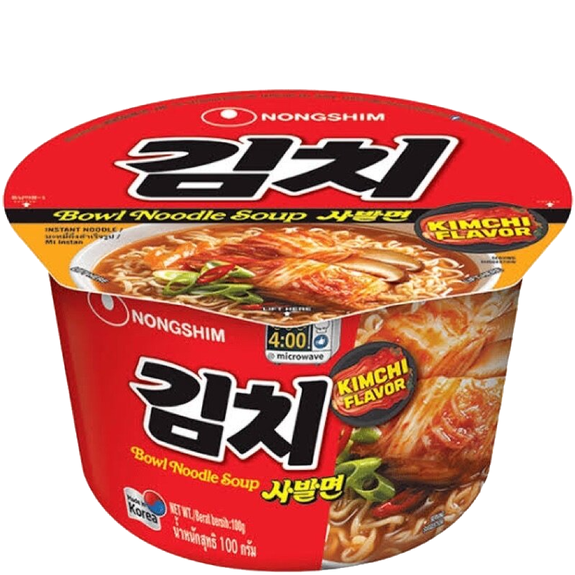 Nongshim Bowl Noodle Soup Kimchi flavor in a bowl with noodles, kimchi, and broth, ready to eat.