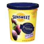 Sunsweet Pitted Prunes Gold in a clear container, showcasing glossy, ripe dried prunes as a healthy confectionery snack.