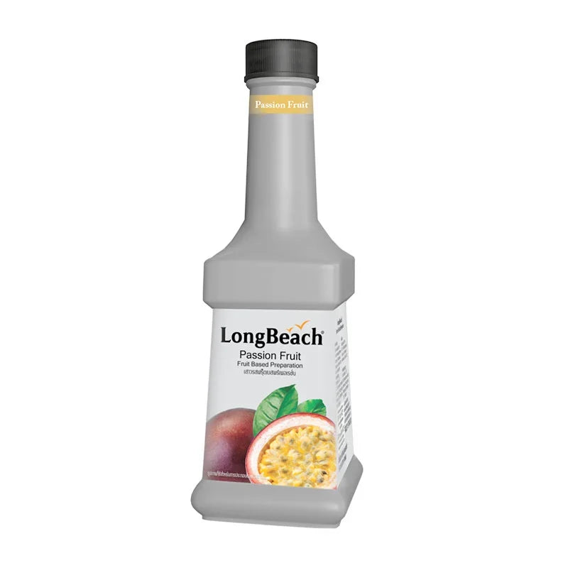 Long Beach Passion Fruit-Based Preparation 900ml in a clear bottle, used for dry grocery recipes and flavoring.
