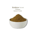 Lobo Marjoram Powder in a clear jar, dry grocery item with dried marjoram leaves, used for seasoning and cooking.