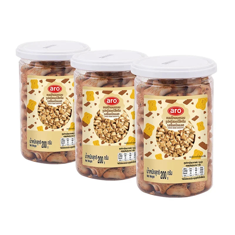 Aro Choco Bear Biscuits 200g pack showing chocolate-covered bear-shaped cookies in a colorful snack package.