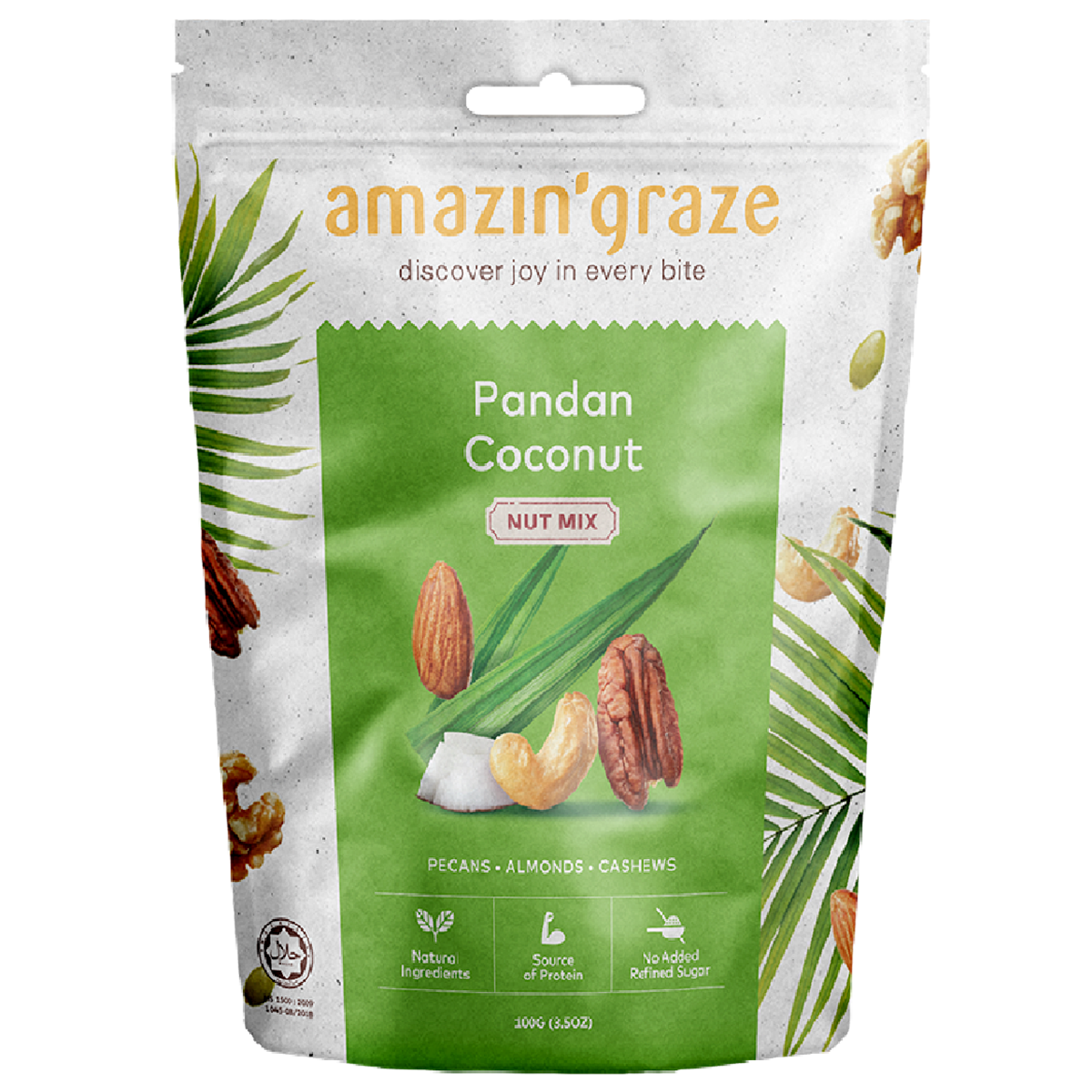 Amazin'Graze Pandan Coconut Nut Mix confectionery snack with nuts, dried coconut, and pandan flavor in a colorful package.
