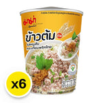 MAMA Rice Soup Pork Garlic flavor dry grocery product, 40g x 6 packs, showing the packaged soup with rice, pork, and garlic ingredients.