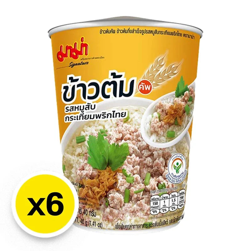 MAMA Rice Soup Pork Garlic flavor dry grocery product, 40g x 6 packs, showing the packaged soup with rice, pork, and garlic ingredients.