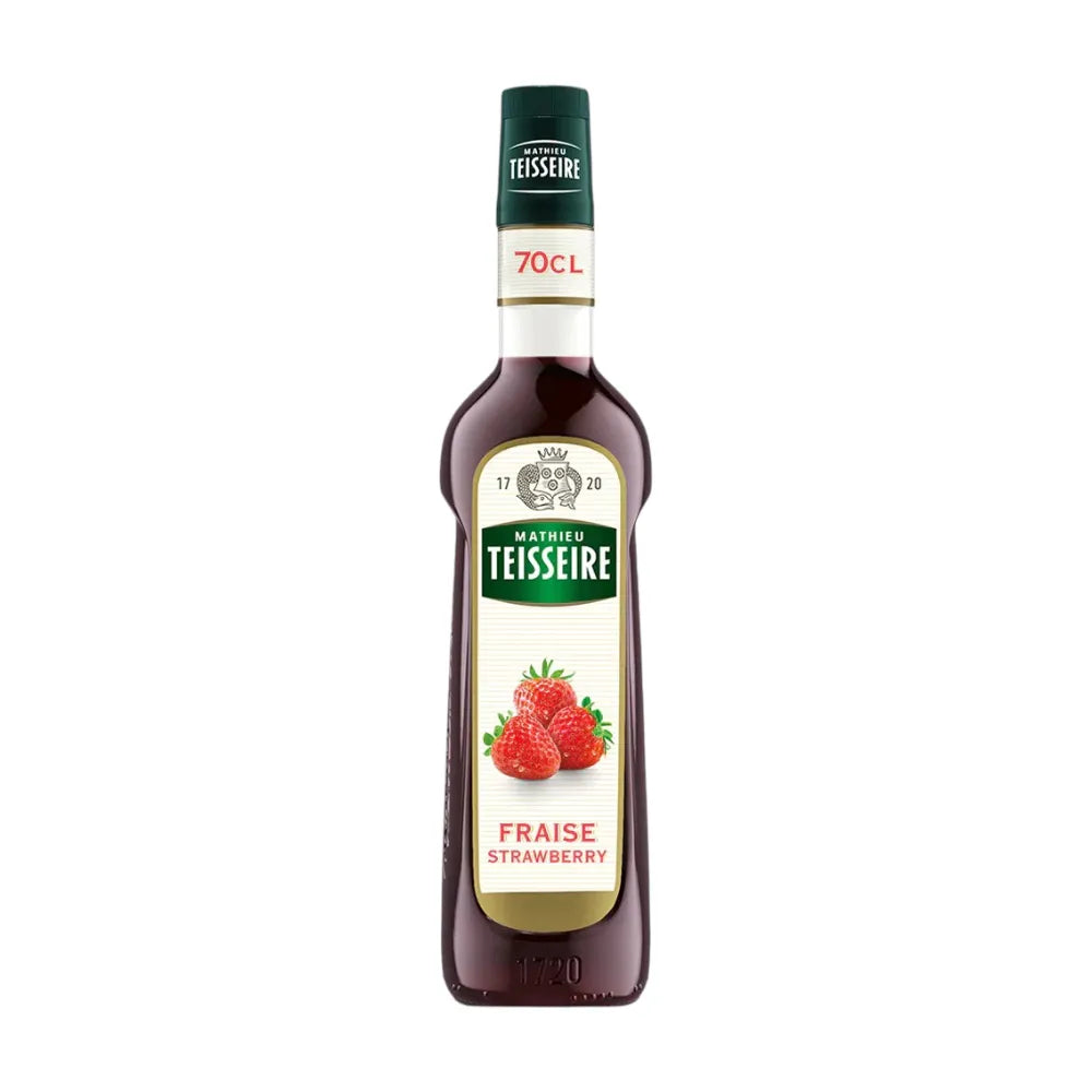 Mathieu Teisseire Strawberry Syrup 700ml bottle, clear plastic container with red strawberry flavor liquid and label.