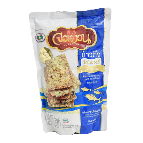 Jornguan Riceberry Rice Cracker with Fish, a savory confectionery snack featuring dark rice crackers with fish topping.
