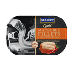 Sealect Gold mackerel fillet in spicy tomato sauce, served in a can with vibrant sauce visible.