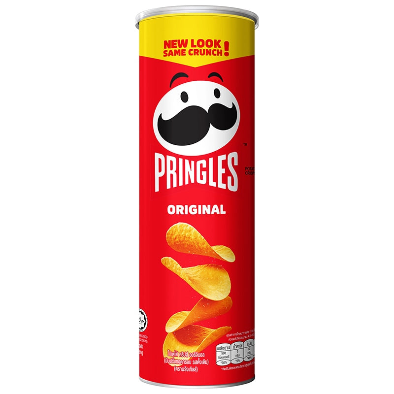 Pringles Original potato chips in a cylindrical can, showcasing crispy, golden snack chips from the Pringles brand.