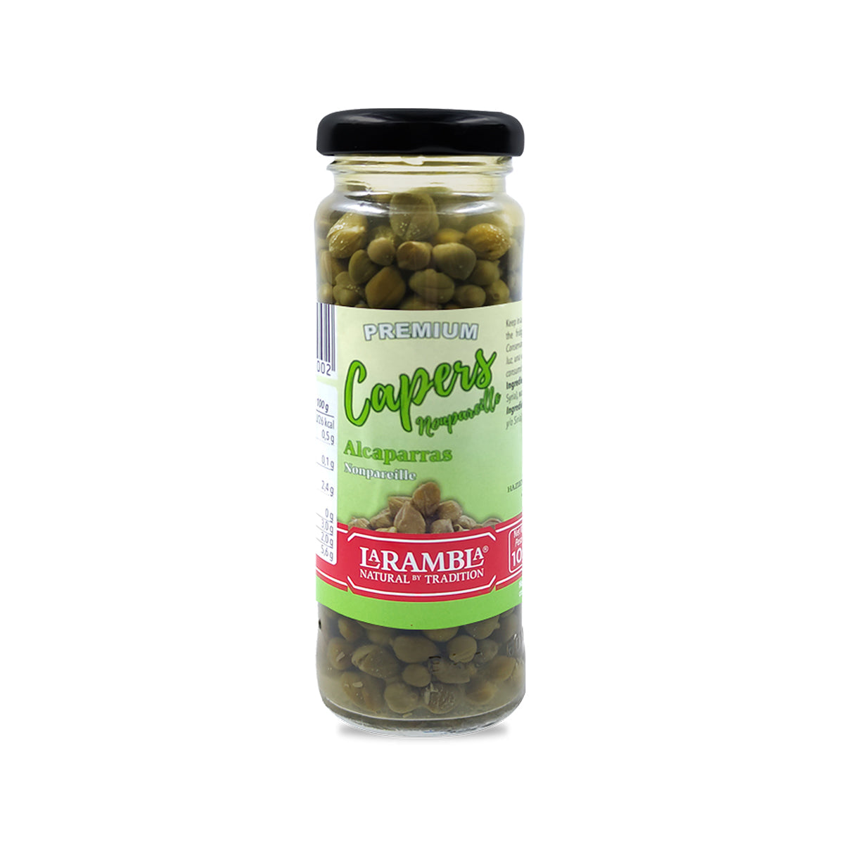 Jar of Larambla Capers Non Pareilles in a glass container, showing small, whole capers used in cooking and garnishing.