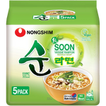 Nong Shim Soon Veggie Ramyun instant noodle bowl with vegetables and broth, showcasing the packaged grocery product.