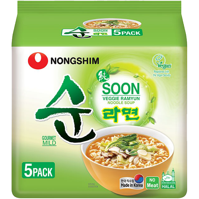 Nong Shim Soon Veggie Ramyun instant noodle bowl with vegetables and broth, showcasing the packaged grocery product.