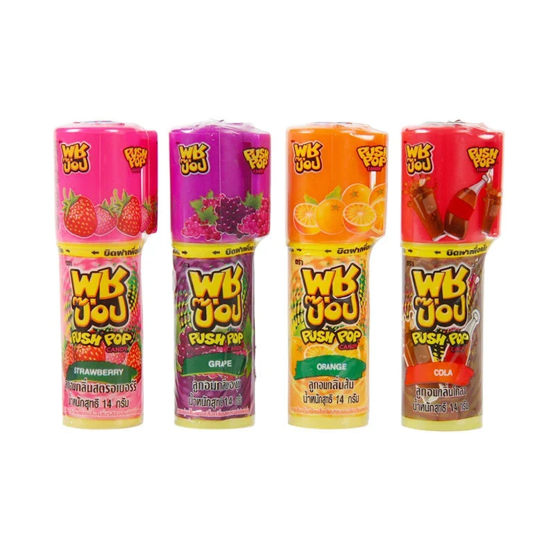 Push Pop Candy assortment featuring fruity orange, grape, strawberry, and cola flavors in 14g candies, shown in colorful packaging.