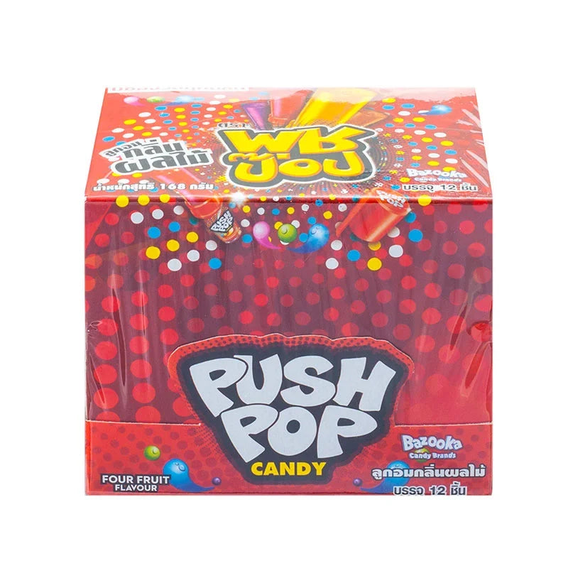 Push Pop Candy Fruity Orange Grape Strawberry Cola 14g snack pack, colorful dry grocery confectionery with assorted flavors.