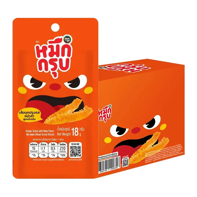 Sunsu Muek Groob 360g snack in clear bag, showing dried fruit or snack pieces from SUNSU brand packaging.