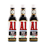Kraft Heinz A1 Bold and Spicy Sauce with Tabasco Tomato Puree, dry grocery bottle showing spicy brown sauce with red label
