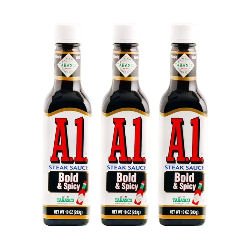 Kraft Heinz A1 Bold and Spicy Sauce with Tabasco Tomato Puree, dry grocery bottle showing spicy brown sauce with red label