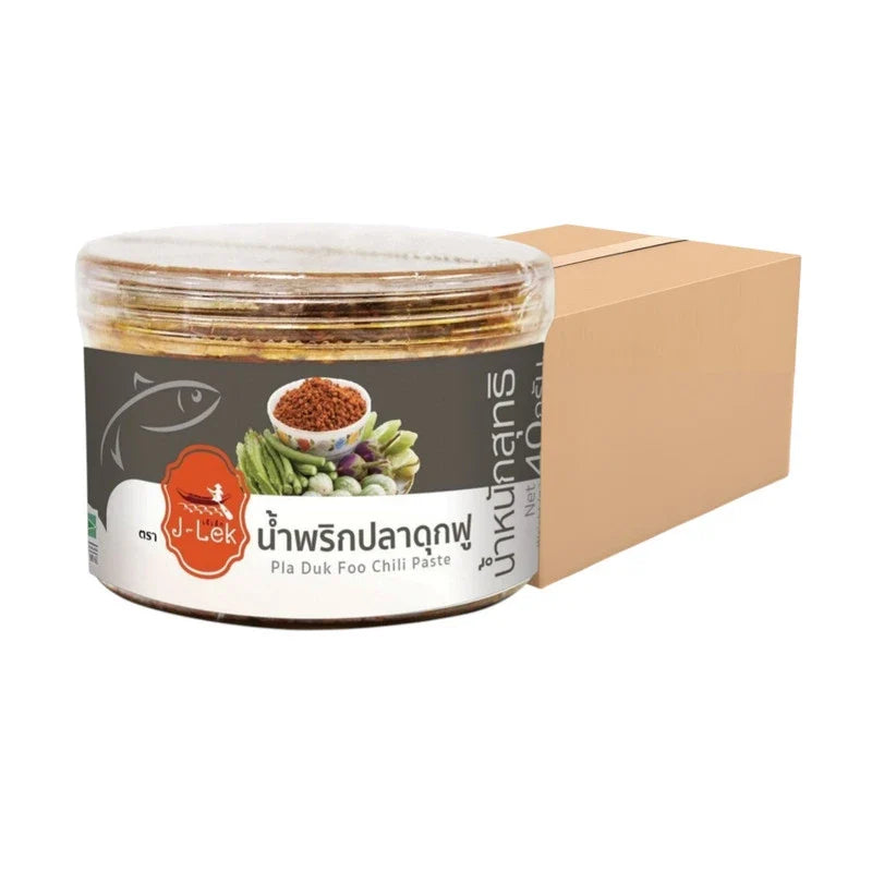 J-LEK Catfish Chili Paste jar, 40g, dry grocery product with a label showing spicy chili and catfish flavor on a white background.