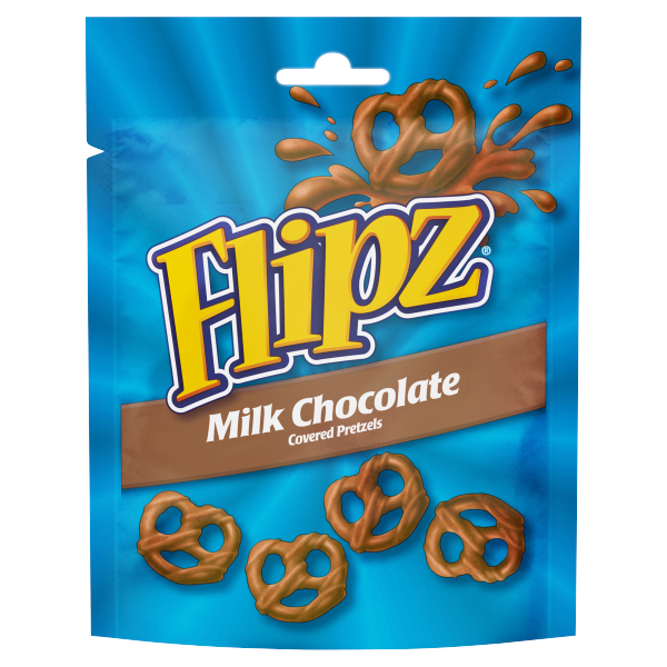 Flipz Milk Chocolate Pretzels in a bowl, showing crunchy pretzels coated with smooth milk chocolate, part of Flipz confectionery snacks.