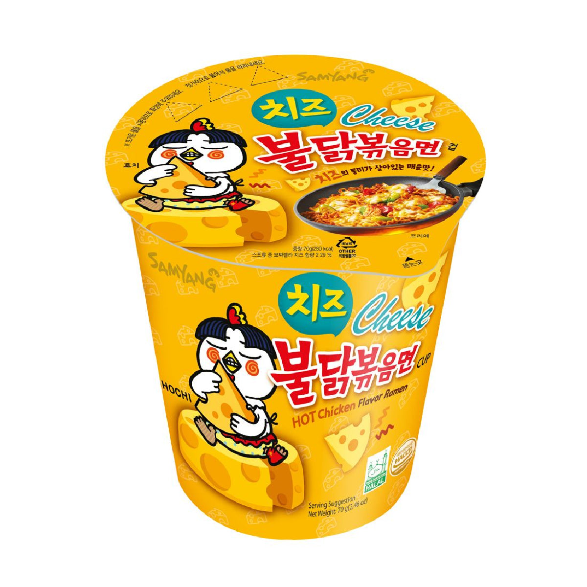 Samyang Hot Chicken Cheese Ramen Cup, instant noodle cup with spicy chicken flavor and creamy cheese topping, ready to eat.
