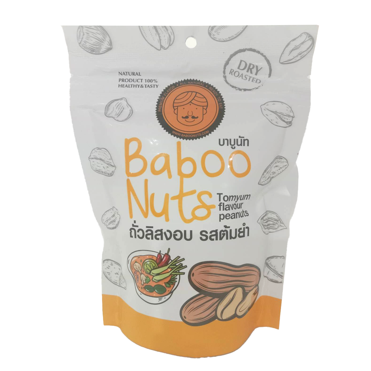 Baboo Nut Tomyam Flavour Peanut, confectionery snack with peanuts coated in spicy tangy Tomyam flavor, in a colorful packaging