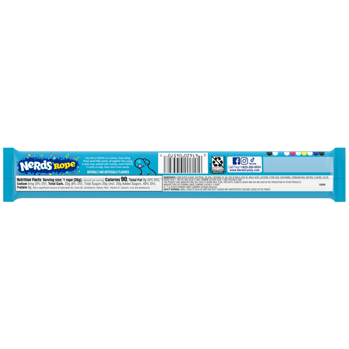 Colorful Nerds Rope Very Berry confectionery snack with chewy candy and crunchy Nerds candy on a white background.